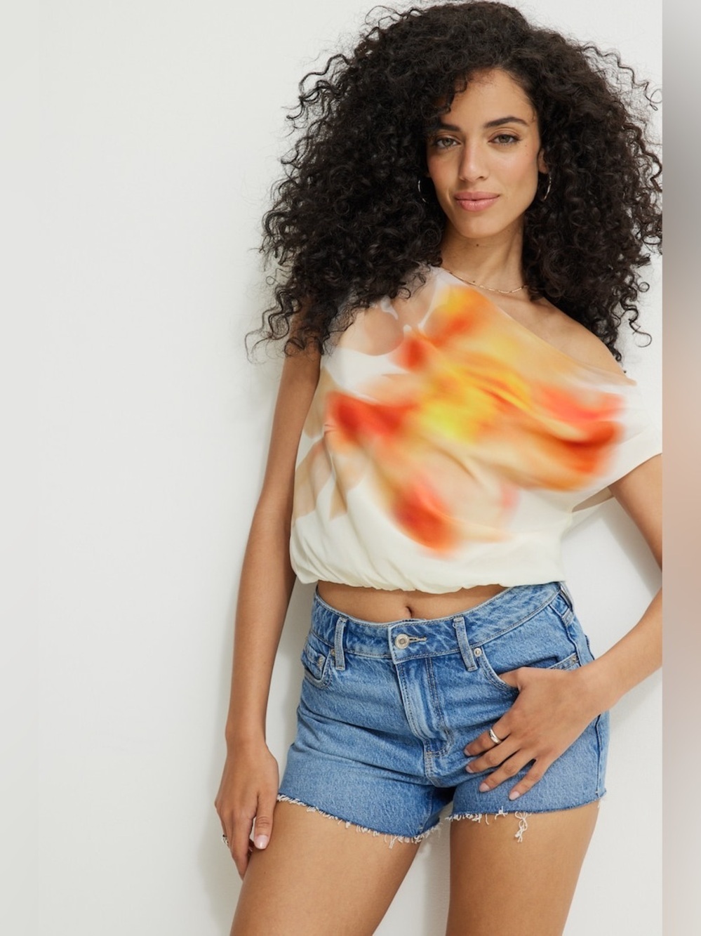 Dynamite Printed Draped Off Shoulder Top